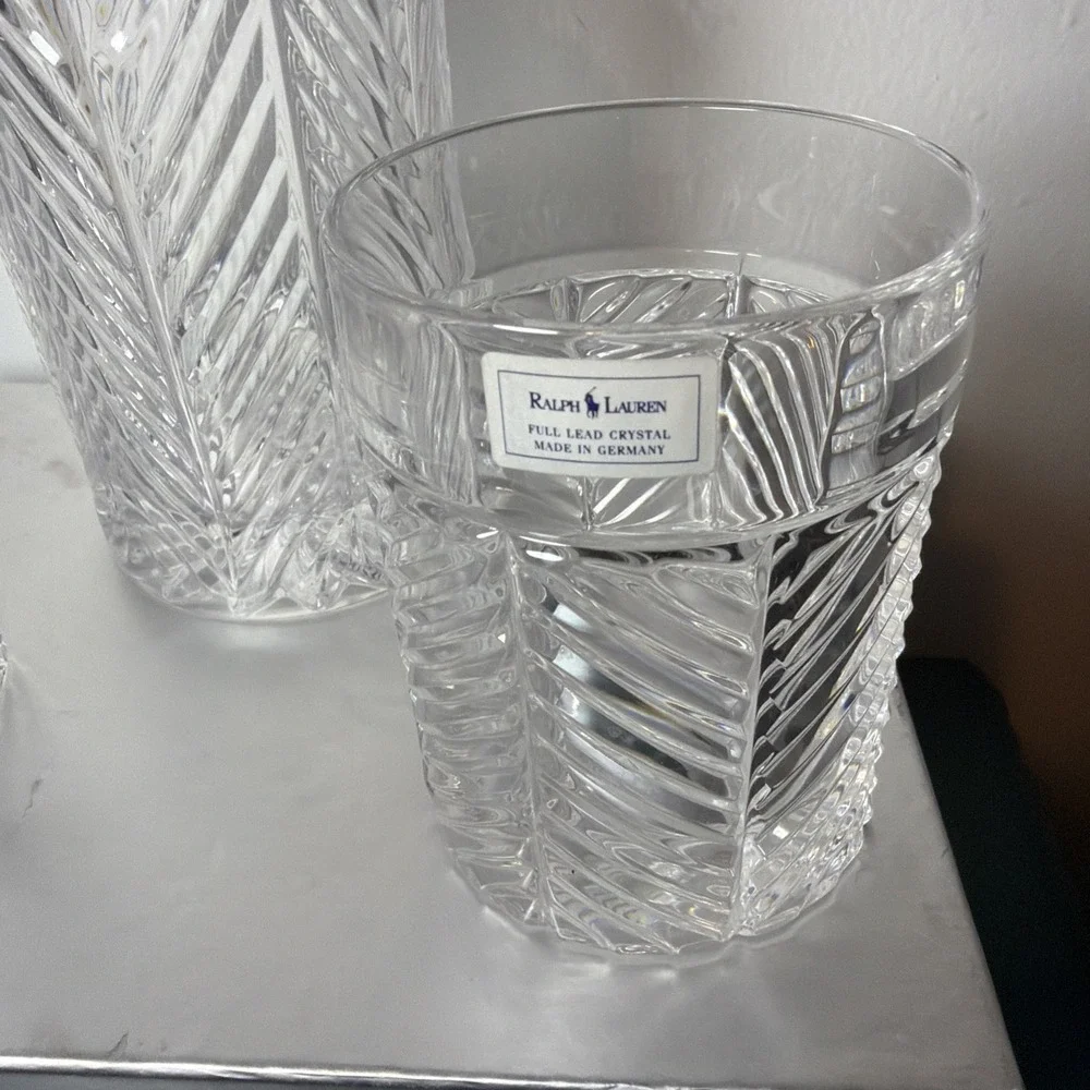 Vintage Ralph Lauren Herringbone Cut Crystal Decanter & 2 High Ball Glasses NEW
